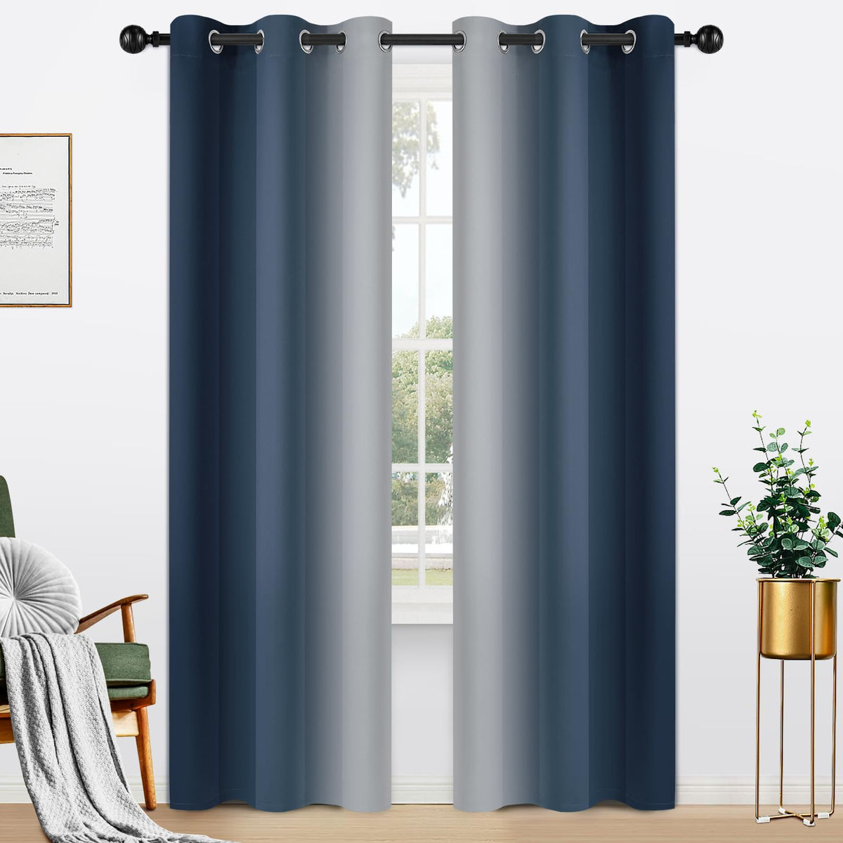 Yakamok Ombre Curtains Blue and Greyish White for Living Room,52Wx84L