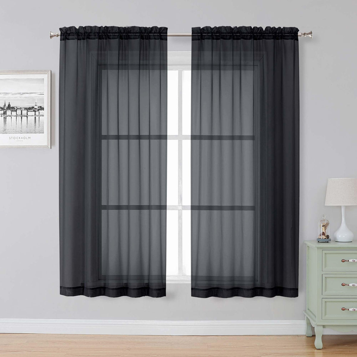 Simplebrand Black Sheer Curtains 84 Inches Long 2 Panels for Living Room