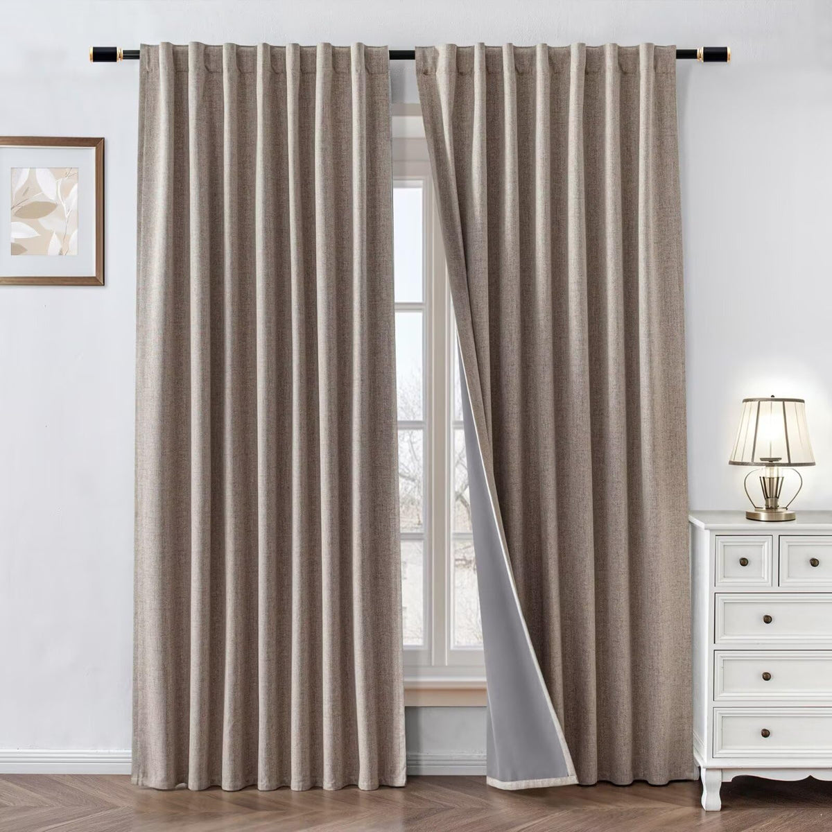 100% Blackout Curtains 84 inch Length Faux Linen (W52 x L84, Beige)