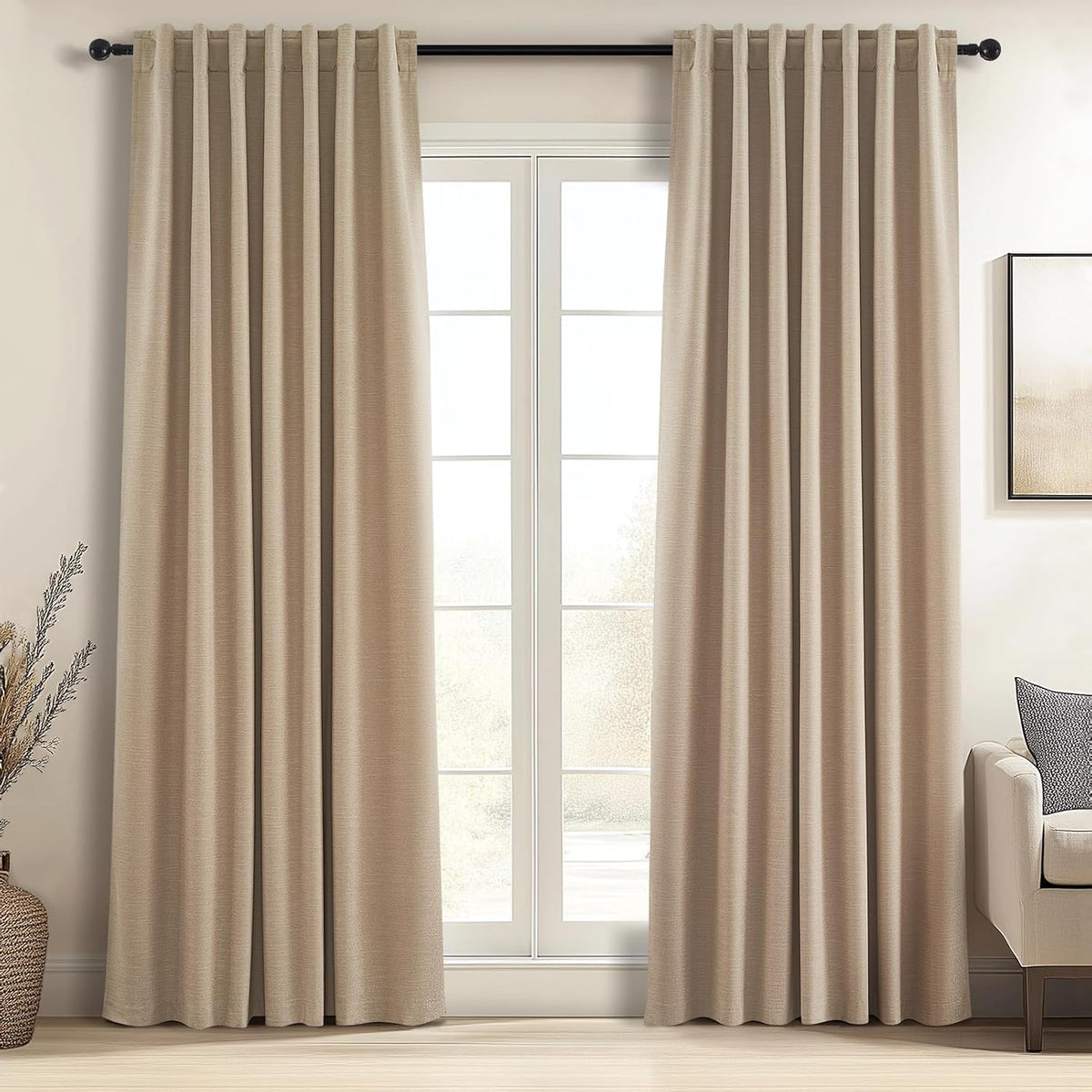 Topfinel Cream Ivory Blackout Curtains & Drapes 84 Inch Length, Beige Pinch Pleat Full Blackout Flax Linen Tab Top Soundproof Curtains with Hooks Rings for Bedroom Living Room Track 2 Panels Set