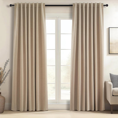 Topfinel Cream Ivory Blackout Curtains & Drapes 84 Inch Length, Beige Pinch Pleat Full Blackout Flax Linen Tab Top Soundproof Curtains with Hooks Rings for Bedroom Living Room Track 2 Panels Set