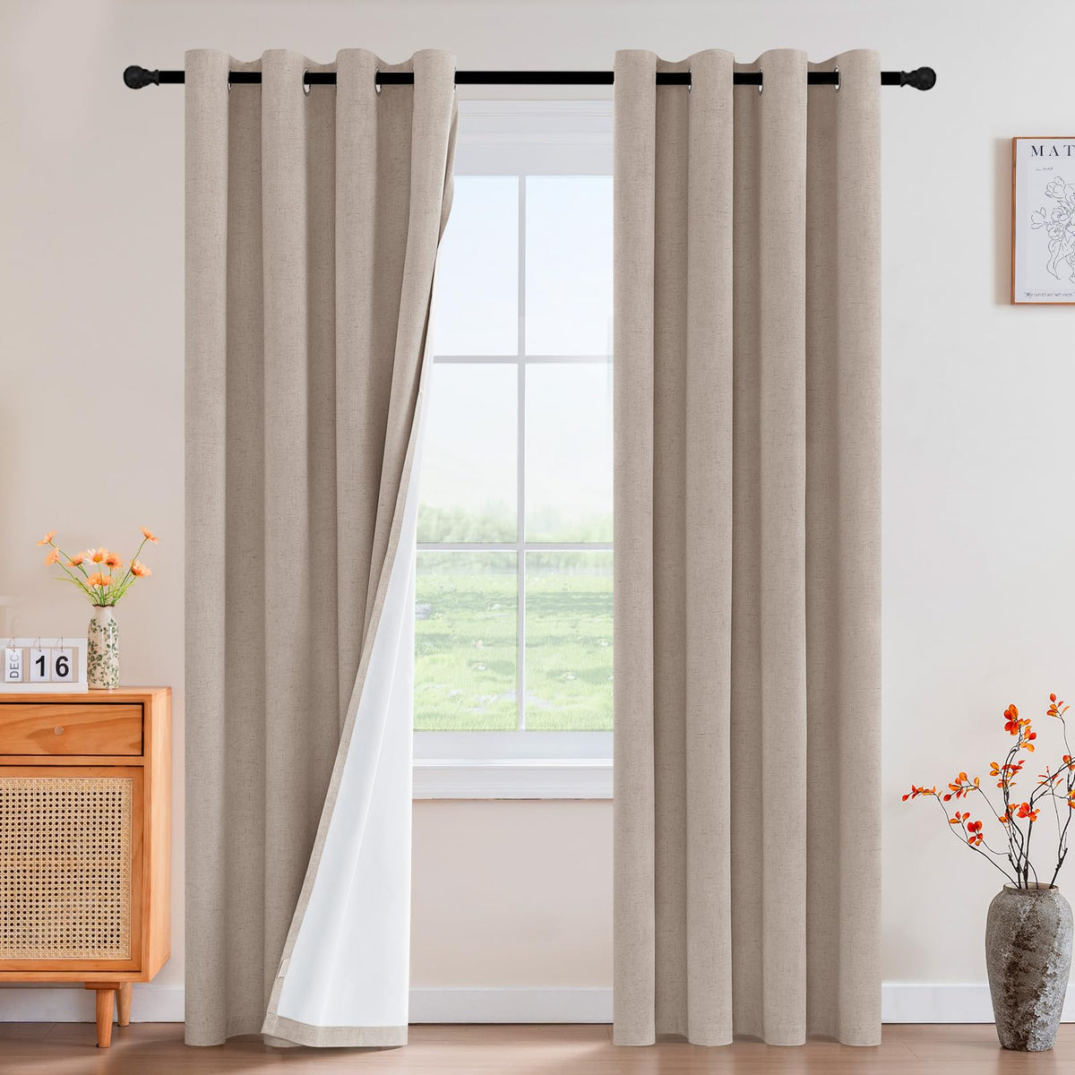 PrinceDeco Natural Linen Curtains 100% Blackout Linen Curtains for Bedroom Full Blackout Curtains 84 Inches Long Living Room Thermal Insulated Light Blocking Curtain Drapes White Backing, 2 Panels
