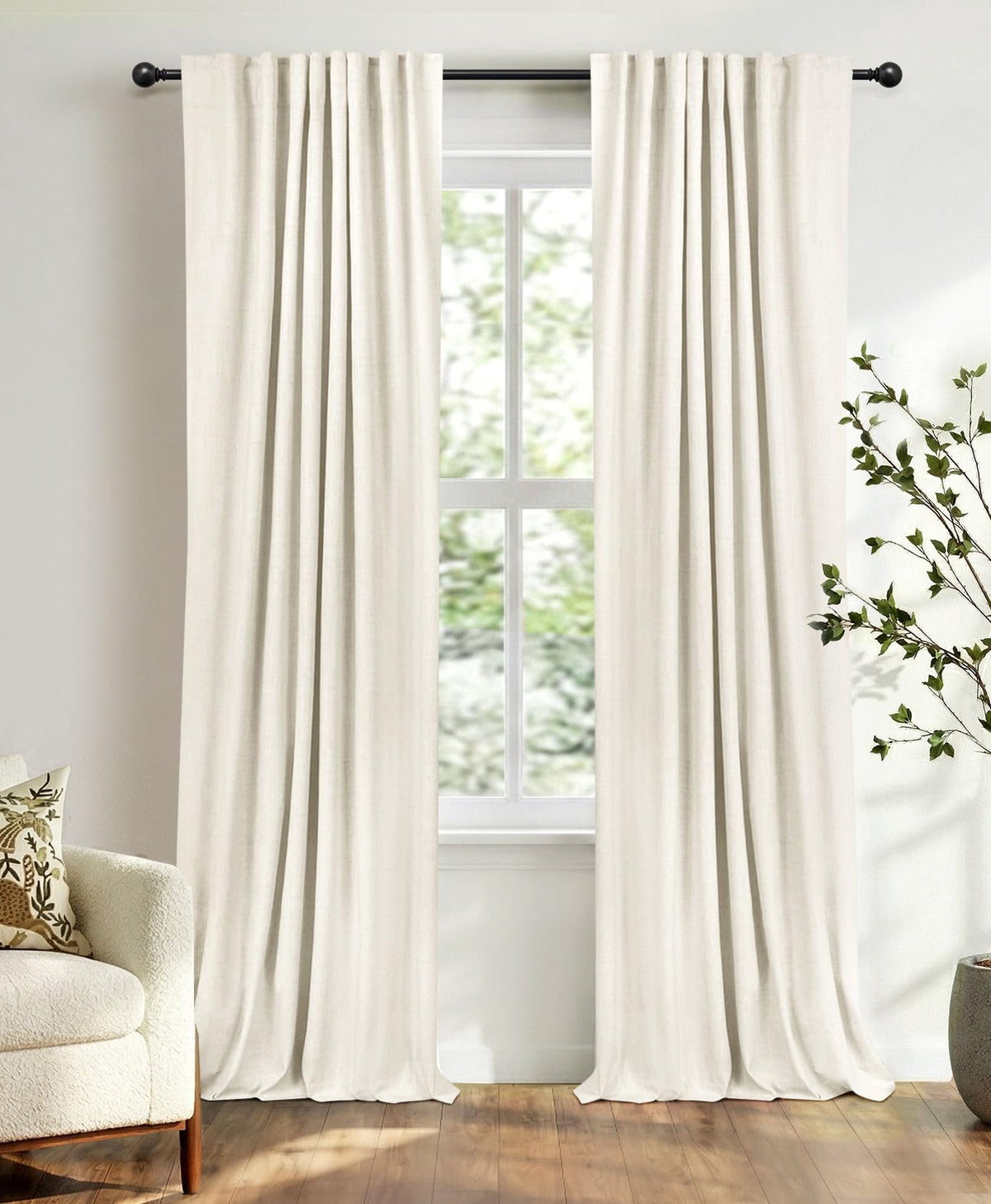 Linen Total Blackout Curtains for Bedroom Living Room 84 Inch, Cream