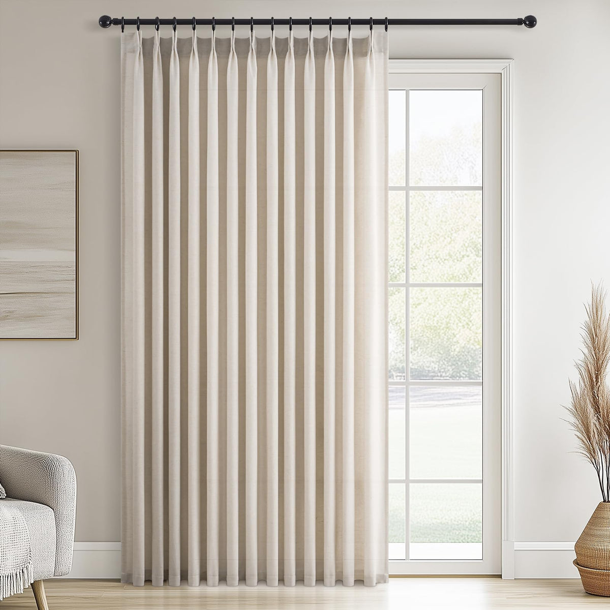 Topfinel Oatmeal Beige Pinch Pleated Curtains 84 Inches Long for Living Room 2 Panels Sets,Stone Washed Linen Earth Tone Decor Back Tab Boho Neutral Greige Earthy Sheer Curtain for Bedroom