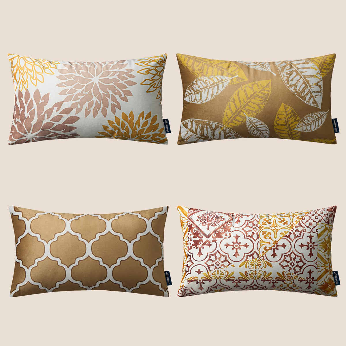 Phantoscope Set of 4 New Living Series Fall Leaf Geometric Coffee Throw Decorative Pillow Cover Cushion Cover 18 x 18 inches 45 x 45 cm