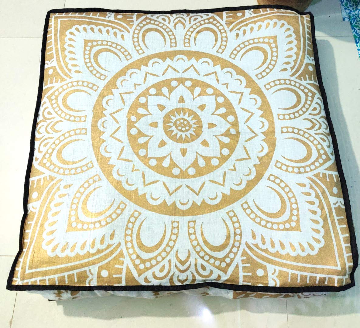 24" Black Gold Flower Mandala Barmeri Large Floor Pillow Cover Cushion Meditation Seating Ottoman Throw Cover Hippie Decorative Zipped Bohemian Pouf Ottoman Pom Pom Cases 24 " square