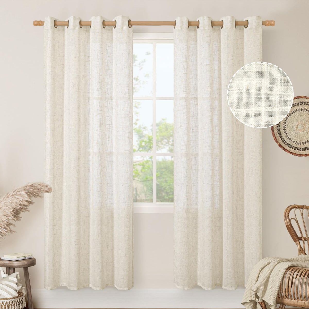 LAMIT Cream Ivory Linen Semi Sheer Curtains 84 inch Length for Bedroom