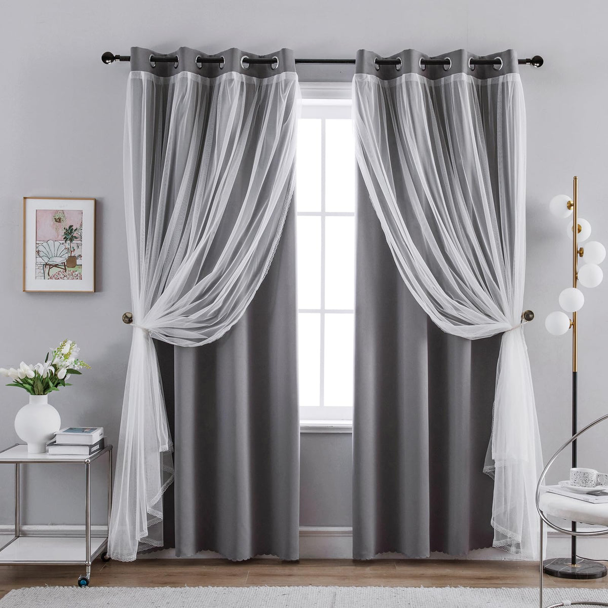 Anytime Double Layer Blackout Curtains 2 Panels，52Wx84L，Greyish White