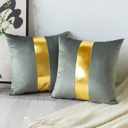 Artscope Black Velvet Throw Pillow Covers with Gold Leather Stitching Luxury Modern Minimalist Square Pillowcase Cushion Covers for Bed Couch Sofa 18x18Inch Set of 2