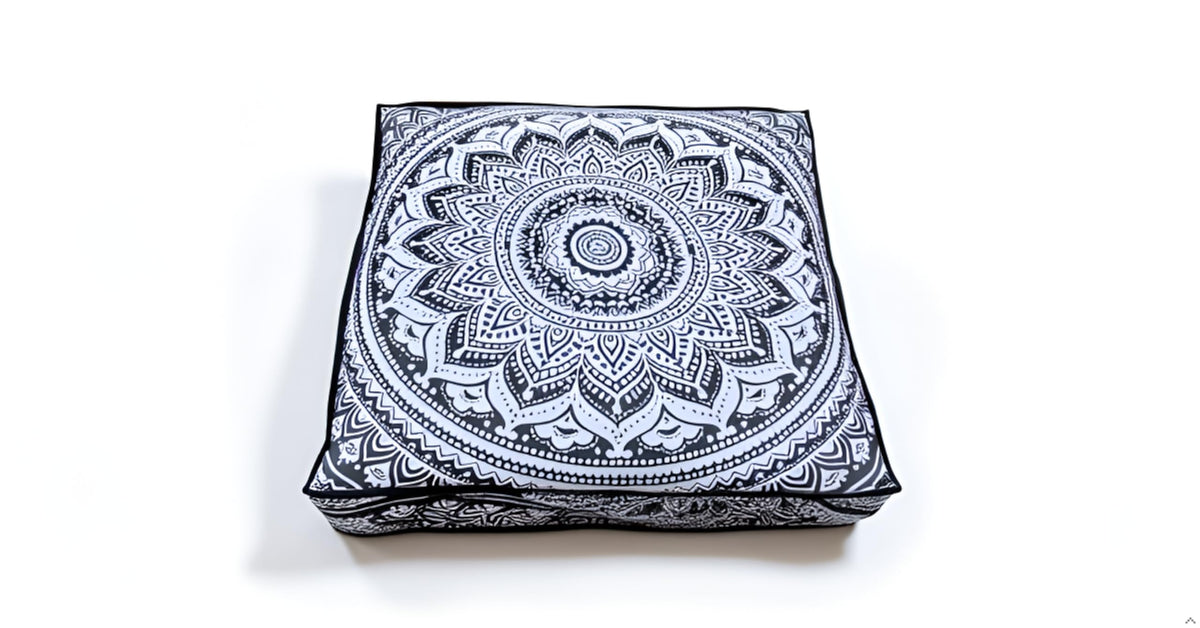 24" Black Gold Flower Mandala Barmeri Large Floor Pillow Cover Cushion Meditation Seating Ottoman Throw Cover Hippie Decorative Zipped Bohemian Pouf Ottoman Pom Pom Cases 24 " square