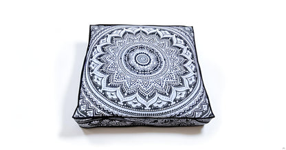 24" Black Gold Flower Mandala Barmeri Large Floor Pillow Cover Cushion Meditation Seating Ottoman Throw Cover Hippie Decorative Zipped Bohemian Pouf Ottoman Pom Pom Cases 24 " square