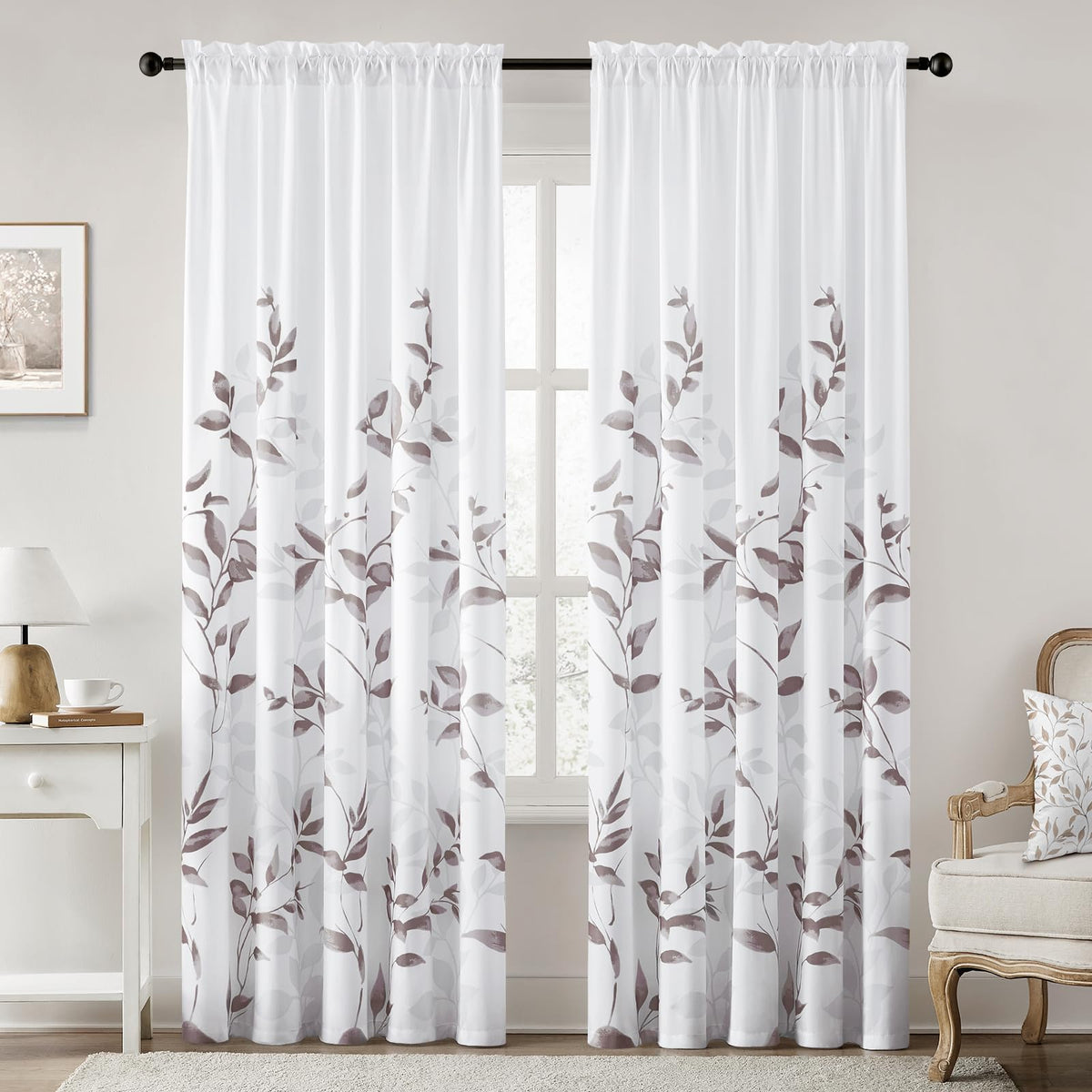 HOMEIDEAS Light Grey and White Privacy Sheer Curtains, 52X63 Inch, 2 Panels