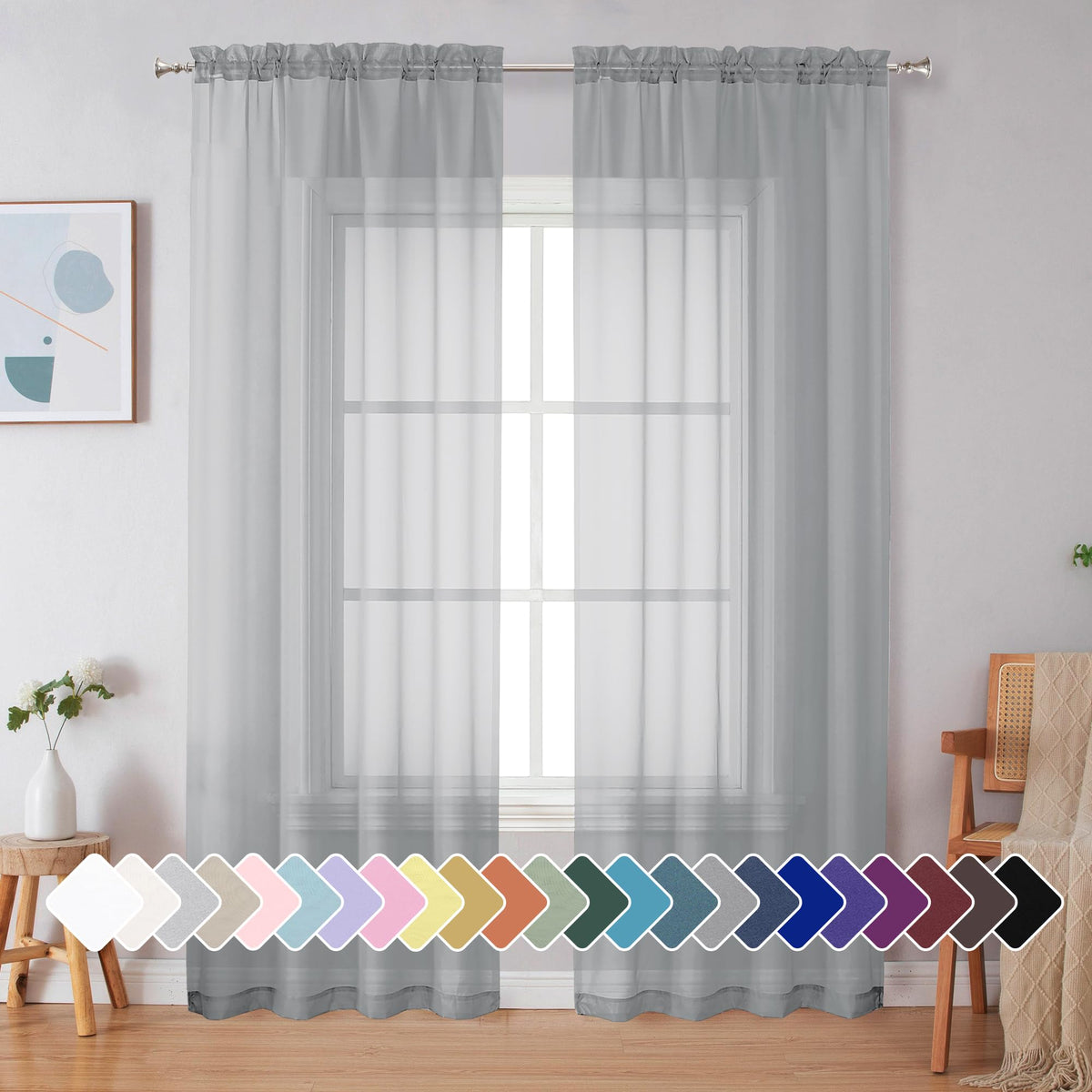 Simplebrand Black Sheer Curtains 84 Inches Long 2 Panels for Living Room