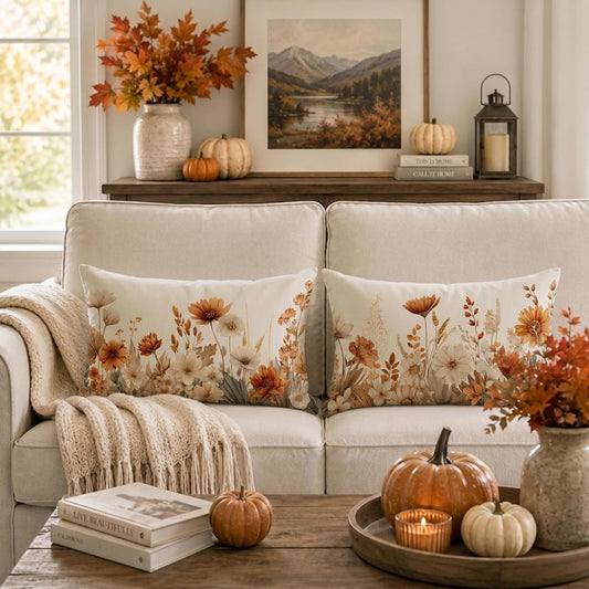 ONWAY Fall Floral Pillow Covers 12x20 Set of 2 Farmhouse Orange Decorative