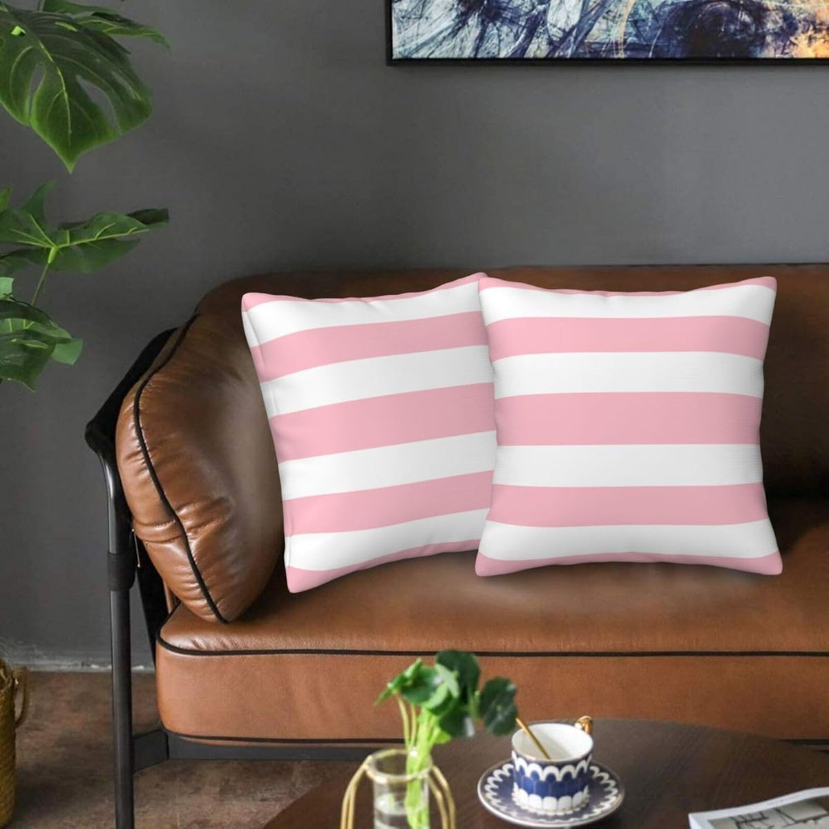 Pink and White Stripes Farmhouse Throw Pillow Covers 18x18 Inch Pillow Case Soft Cushion Pillow Covers Set of 2 for Sofa Bedroom Chair Living Room Home Decorative