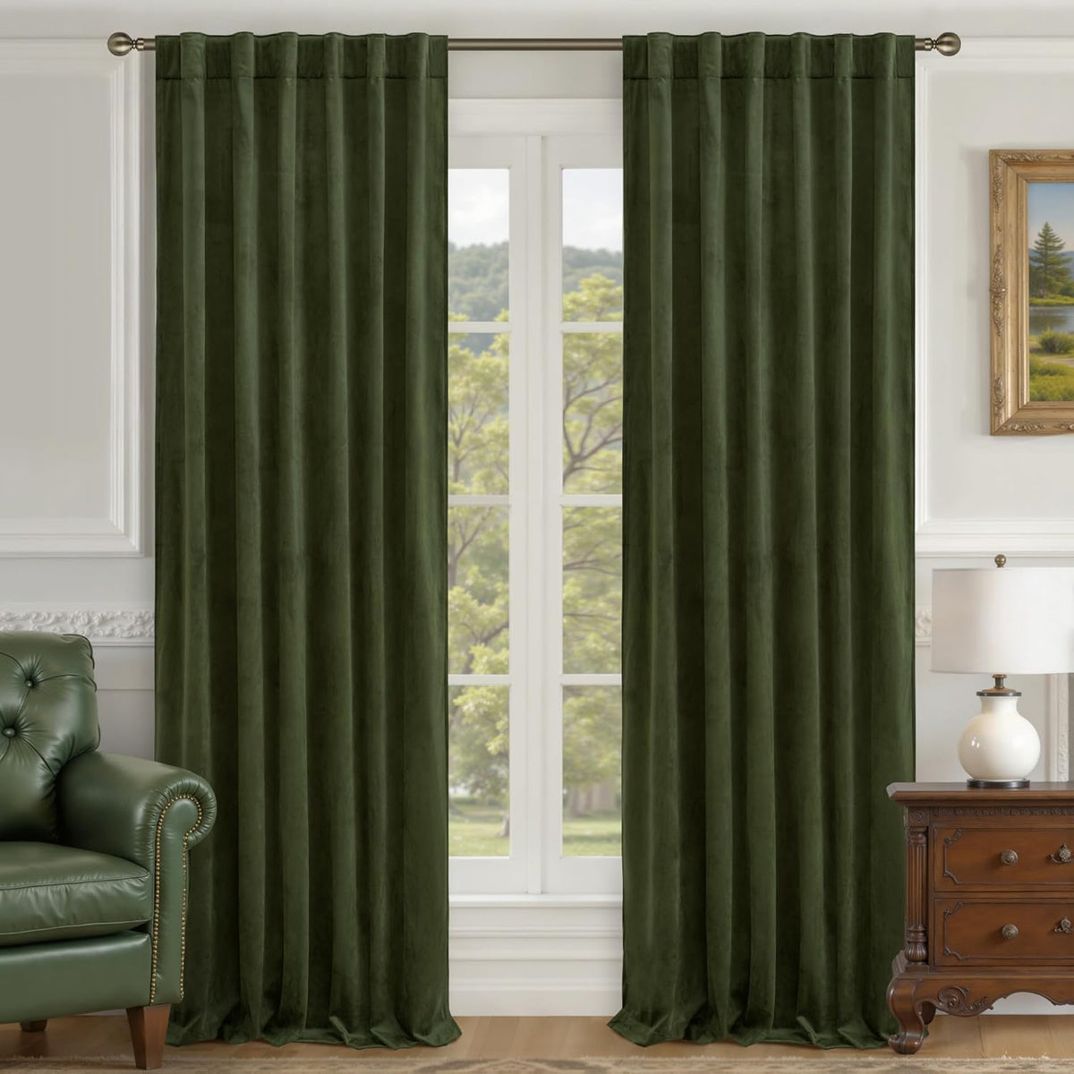 LAMIT Olive Green Velvet Curtains 84 Inch Length for Living Room, 2 Panels