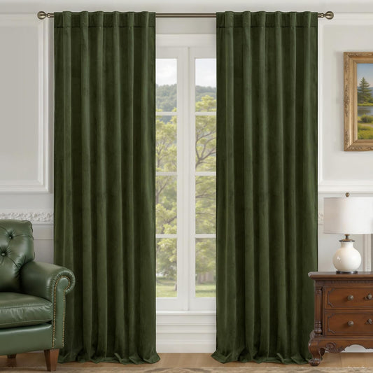 LAMIT Olive Green Velvet Curtains 84 Inch Length for Living Room, 2 Panels