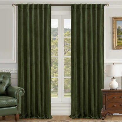 LAMIT Olive Green Velvet Curtains 84 Inch Length for Living Room, 2 Panels