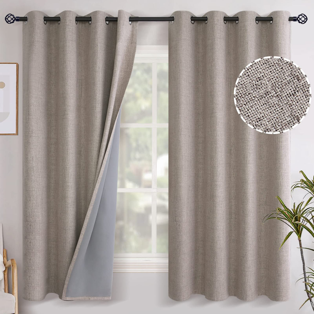 YoungsTex Linen Blackout Curtains 63 Inch Length Bedroom Beige Darkening