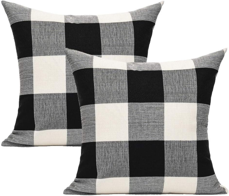 VAKADO Outdoor Plaid Throw Pillow Covers 18x18 Set of 2, Black & White