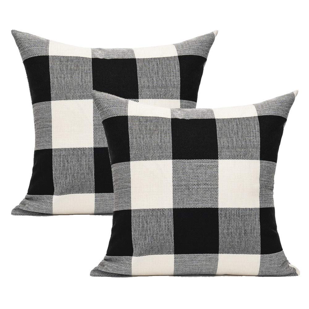 VAKADO Outdoor Plaid Throw Pillow Covers 18x18 Set of 2, Black & White