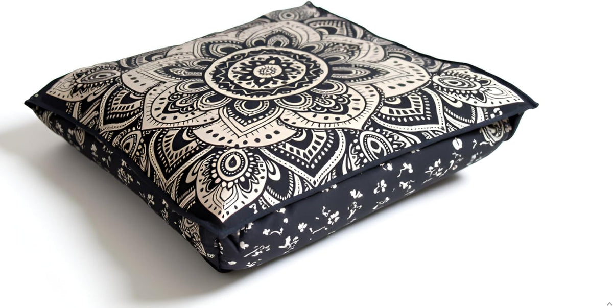 24" Black Gold Flower Mandala Barmeri Large Floor Pillow Cover Cushion Meditation Seating Ottoman Throw Cover Hippie Decorative Zipped Bohemian Pouf Ottoman Pom Pom Cases 24 " square