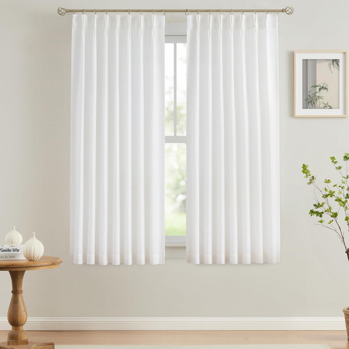 Vision Home Natural Linen Pinch Pleated Semi Sheer Curtains 42Wx90Lx2