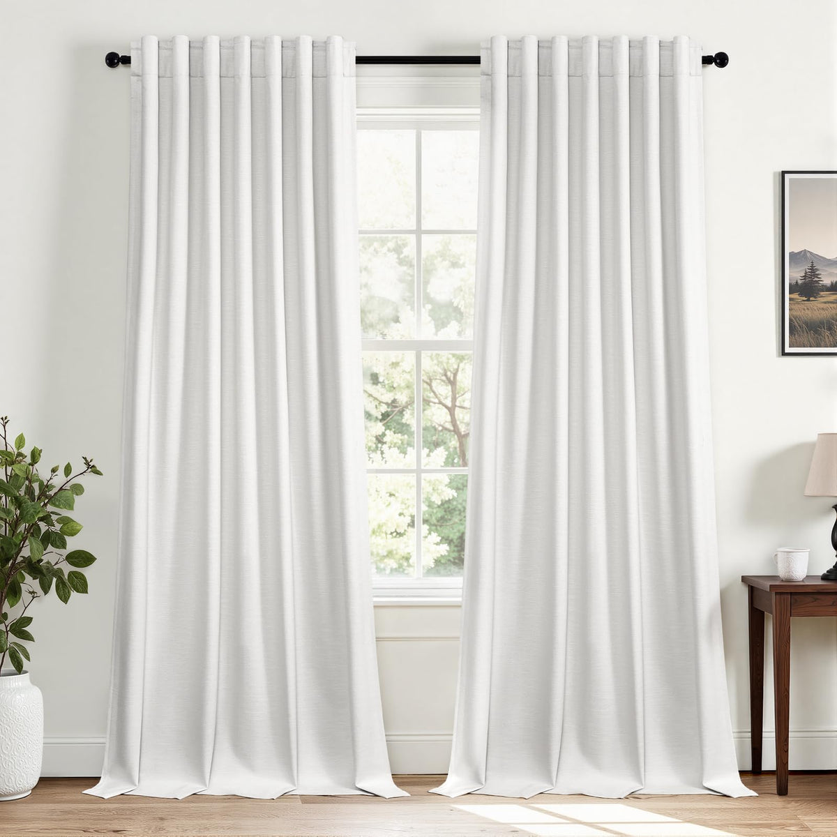 Topfinel Cream Ivory Blackout Curtains & Drapes 84 Inch Length, Beige Pinch Pleat Full Blackout Flax Linen Tab Top Soundproof Curtains with Hooks Rings for Bedroom Living Room Track 2 Panels Set