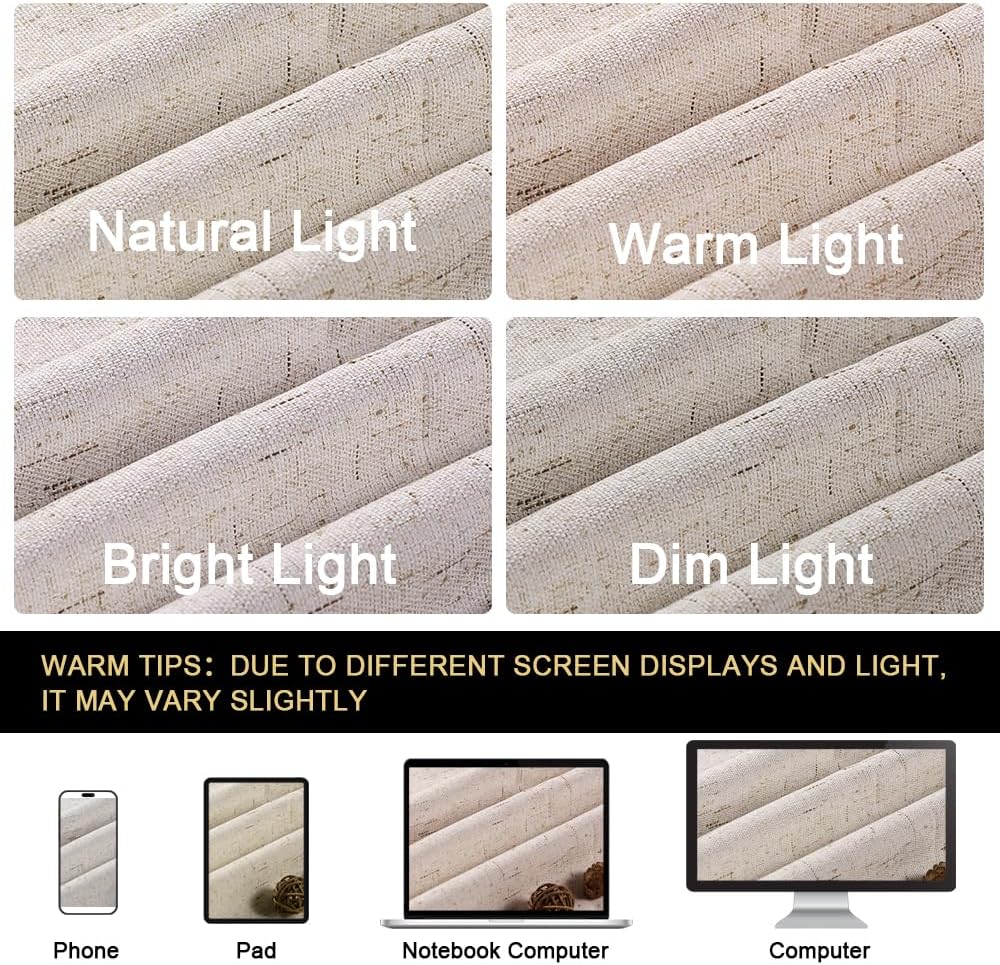 PrinceDeco Natural Linen Curtains 100% Blackout Linen Curtains for Bedroom Full Blackout Curtains 84 Inches Long Living Room Thermal Insulated Light Blocking Curtain Drapes White Backing, 2 Panels