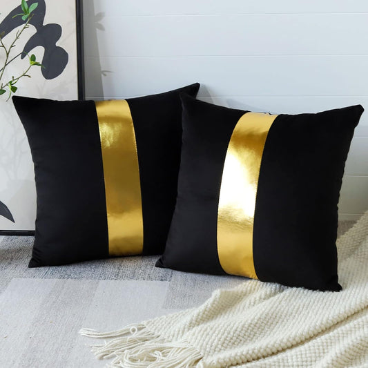 Artscope Black Velvet Throw Pillow Covers with Gold Leather Stitching Luxury Modern Minimalist Square Pillowcase Cushion Covers for Bed Couch Sofa 18x18Inch Set of 2