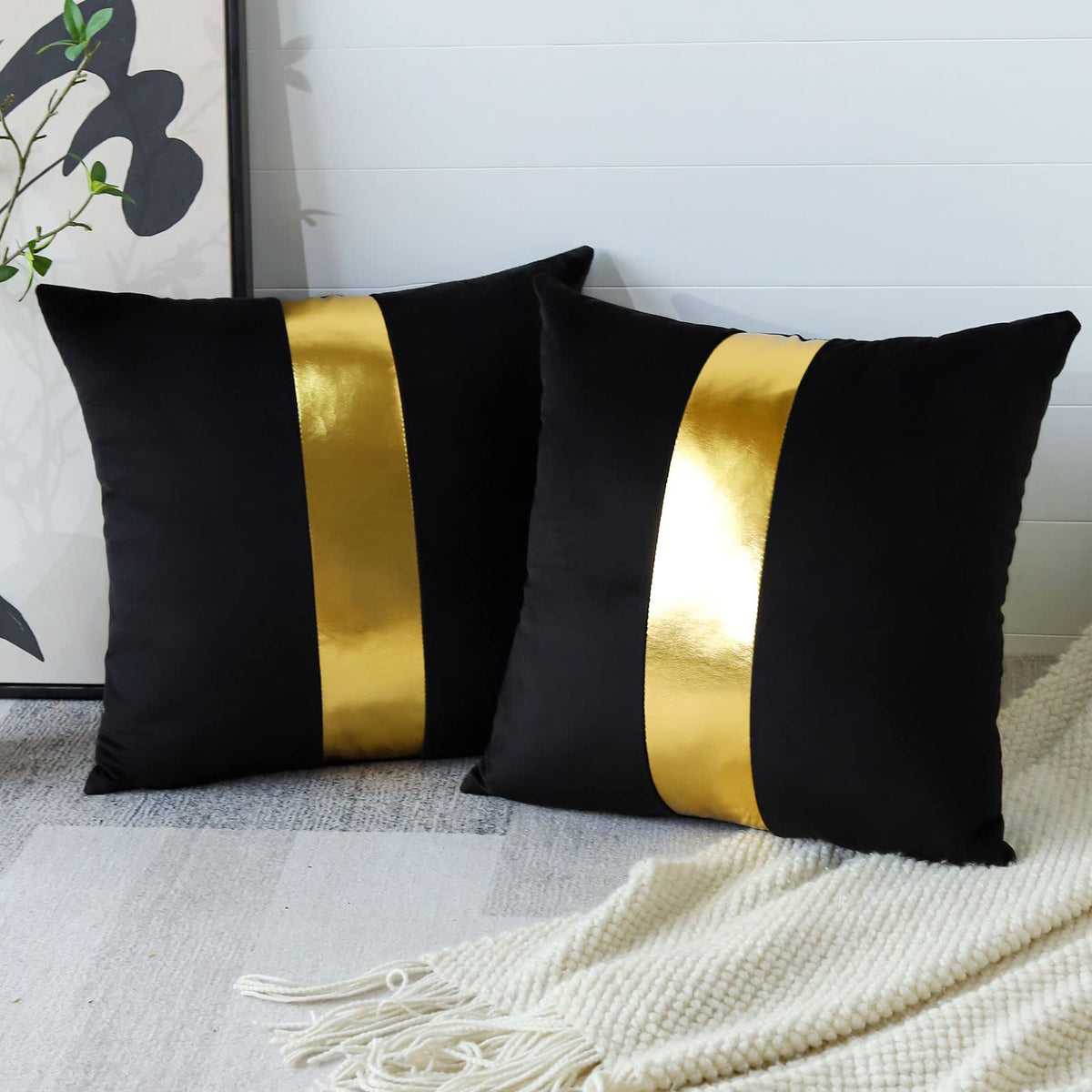 Artscope Black Velvet Throw Pillow Covers with Gold Leather Stitching Luxury Modern Minimalist Square Pillowcase Cushion Covers for Bed Couch Sofa 18x18Inch Set of 2
