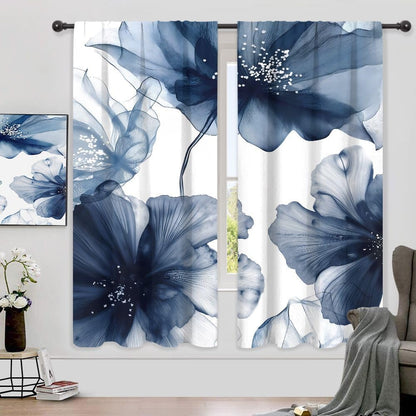 Navy Blue Floral Abstract Modern Dark Living Room Bedroom Window Curtains
