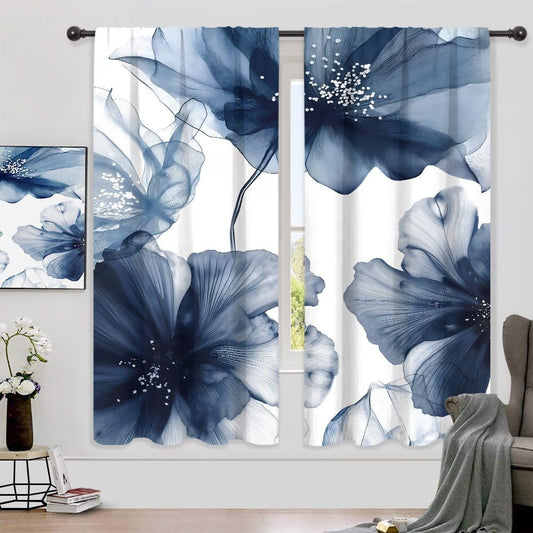 Navy Blue Floral Abstract Modern Dark Living Room Bedroom Window Curtains
