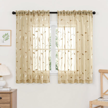 MIULEE Sage Green Sheer Curtains 2 Panels Leaf Patterned, W52 x L84