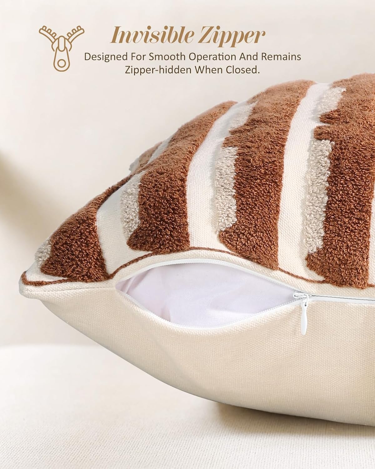 Fall Embroidered Throw Pillow Cover 18x18 Inch, Brown Striped