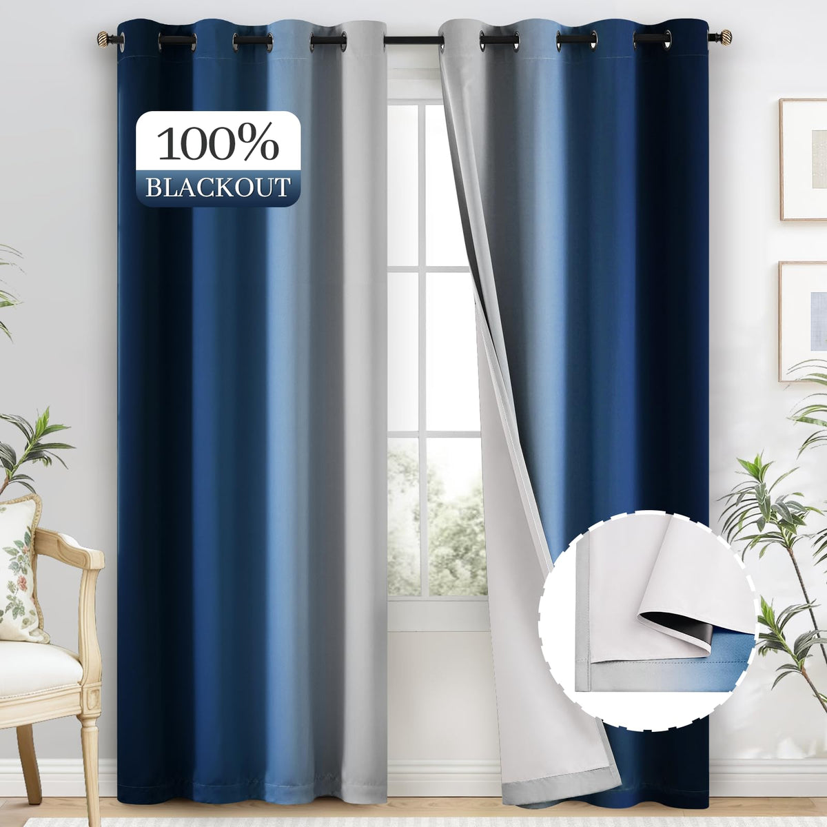 Yakamok Ombre Curtains Blue and Greyish White for Living Room,52Wx84L