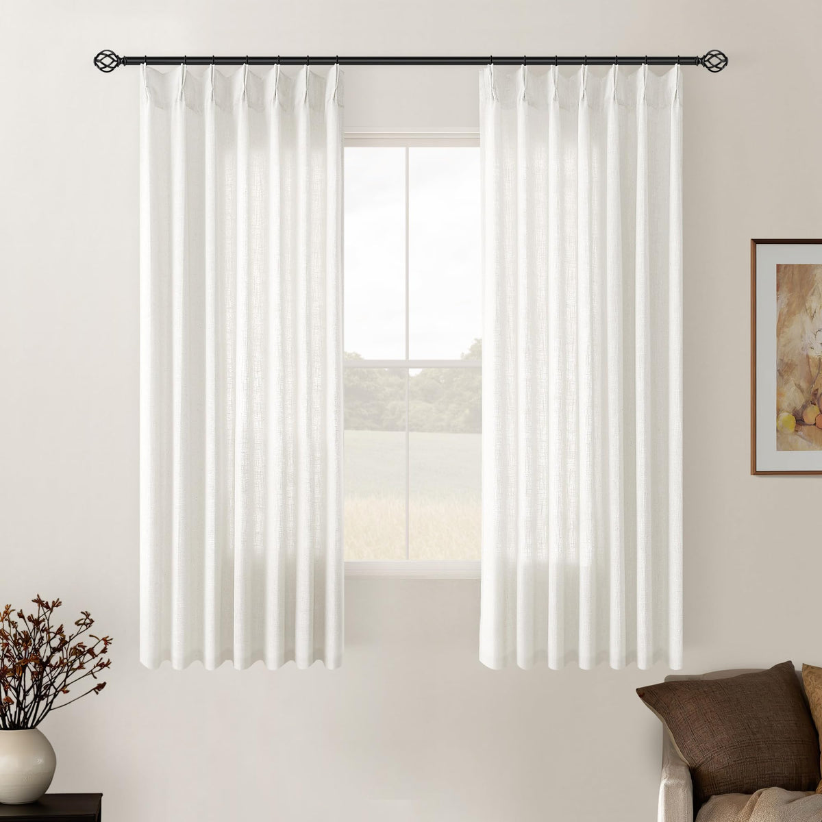 TWODRAPES Natural Pinch Pleated Linen Semi Sheer 84 Inch Curtains 2 Panels