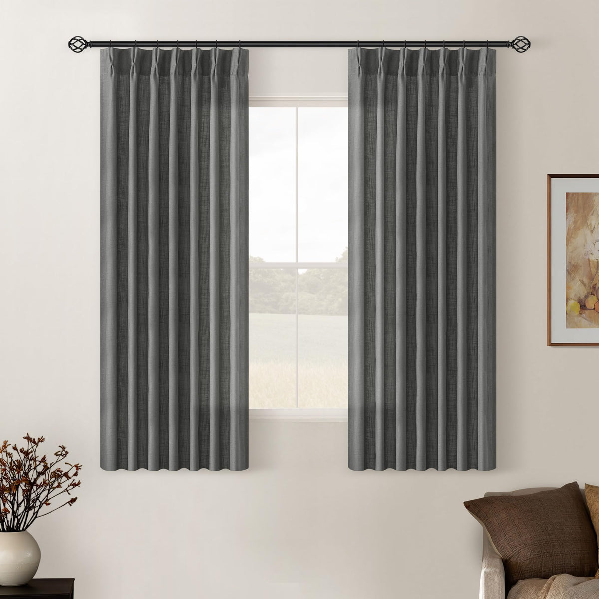 TWODRAPES Natural Pinch Pleated Linen Semi Sheer 84 Inch Curtains 2 Panels