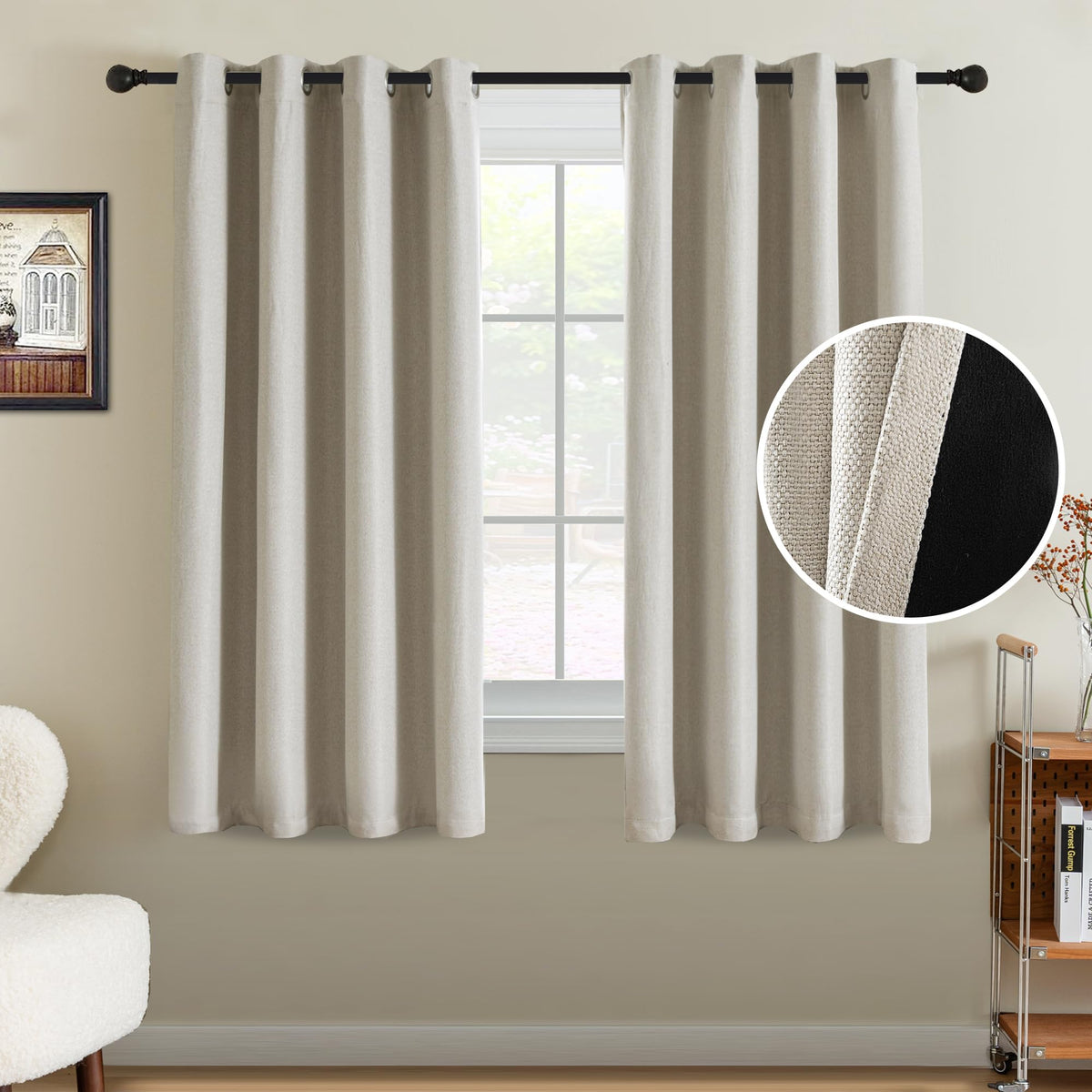 H.VERSAILTEX Linen Blackout Curtain 84 Inches Long for Bedroom/Living Room Thermal Insulated Grommet Linen Look Curtain Drapes Primitive Textured Burlap Effect Window Drapes 1 Panel - Heather Ivory