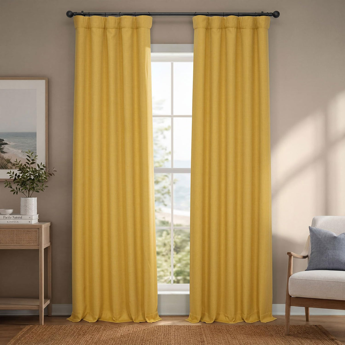 Faux Linen Curtains for Living Room (1 Panel) - 50W X 108L, Birch Taupe