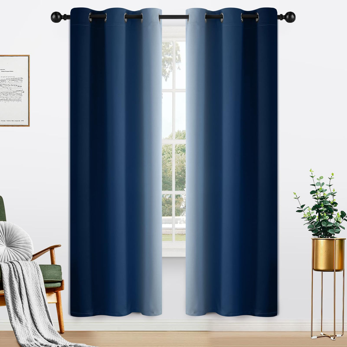 Yakamok Ombre Curtains Blue and Greyish White for Living Room,52Wx84L