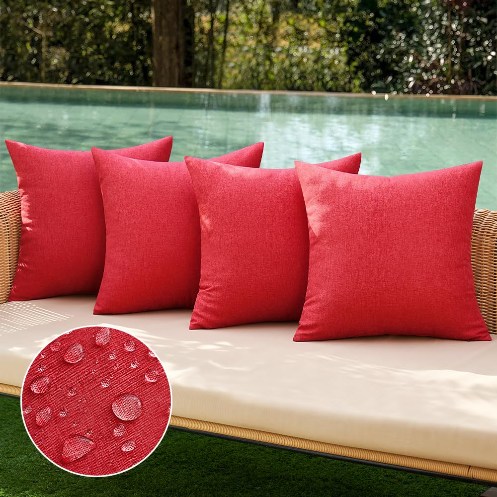 MIULEE Pack of 4 Decorative Outdoor Throw Pillow Covers Linen Waterproof Pillow Covers Summer Farmhouse Cushion Cases for Patio Garden Tent Balcony Couch Sofa 18x18 Inch Red/Turquoise