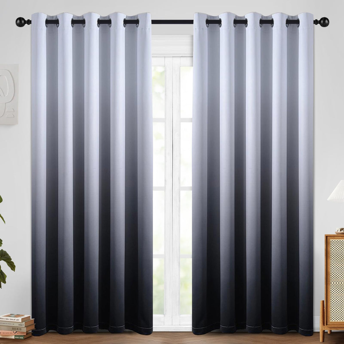 SimpleHome Ombre Black to Grey White Curtains for Living Room 52Wx84L