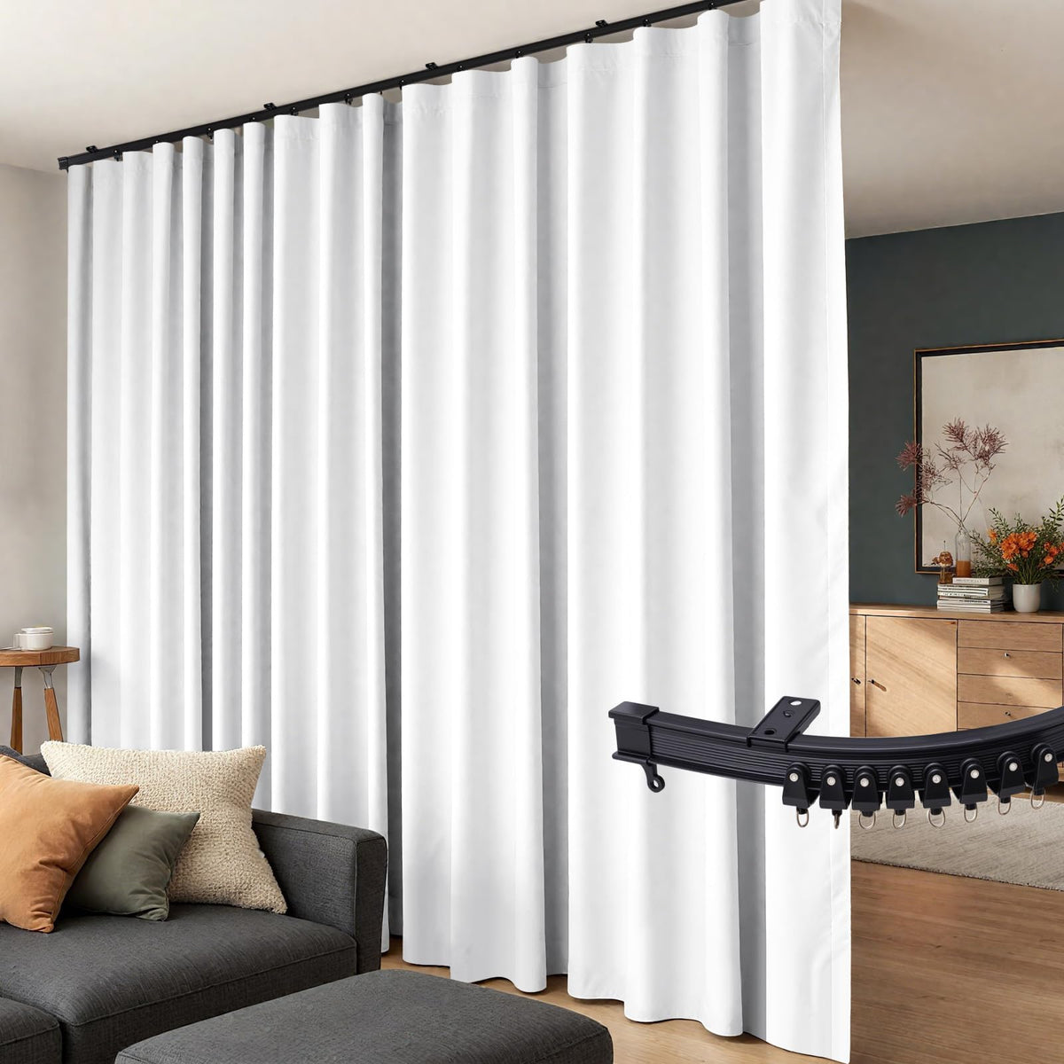 Room Divider Curtains Flexible Ceiling Tracks Set Curtain Track Ceiling Mount Blackout Curtain for Living Room Bedroom Ceiling Curtain Rod Privacy Dividers Panels W100 x H84 Black Drape & Black Rail