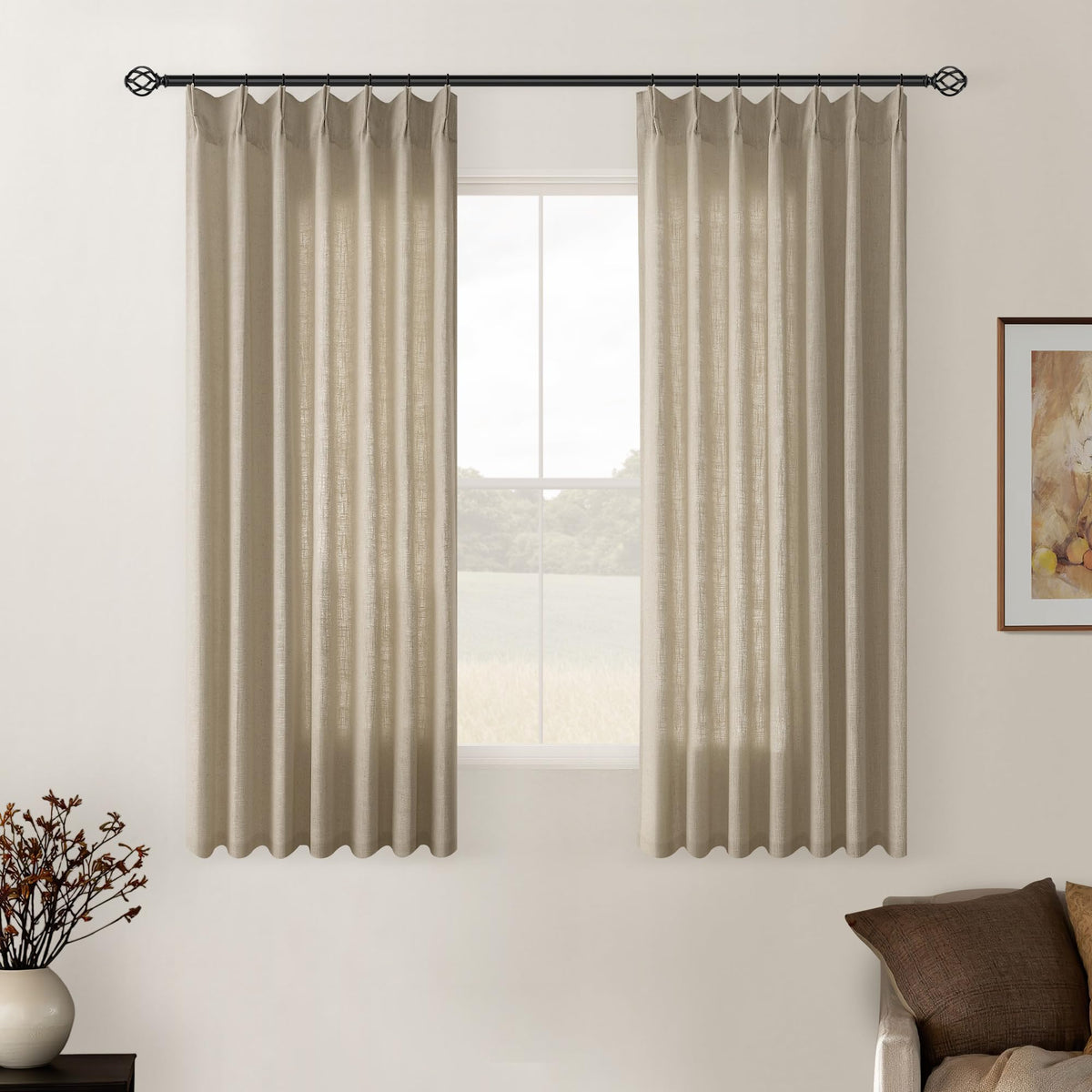 TWODRAPES Natural Pinch Pleated Linen Semi Sheer 84 Inch Curtains 2 Panels