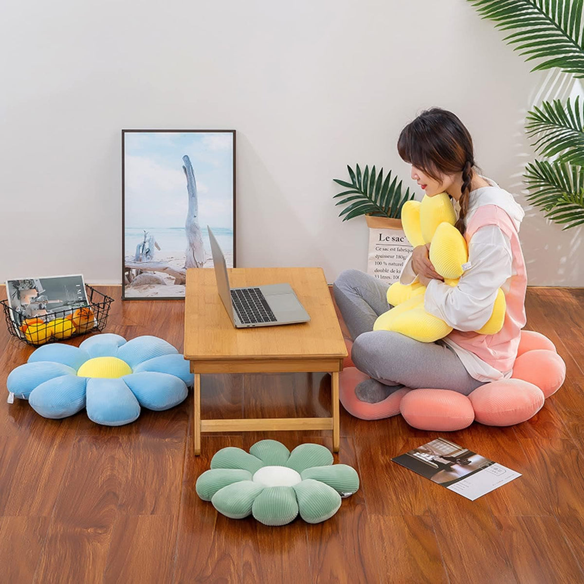 Flower Pillow, Flower Shaped Throw Pillow Floor Pillow Soft Seating Cushion Room Decor Plush Pillow for Bedroom, Sofa, Bed, Reading (15 inch, Green)