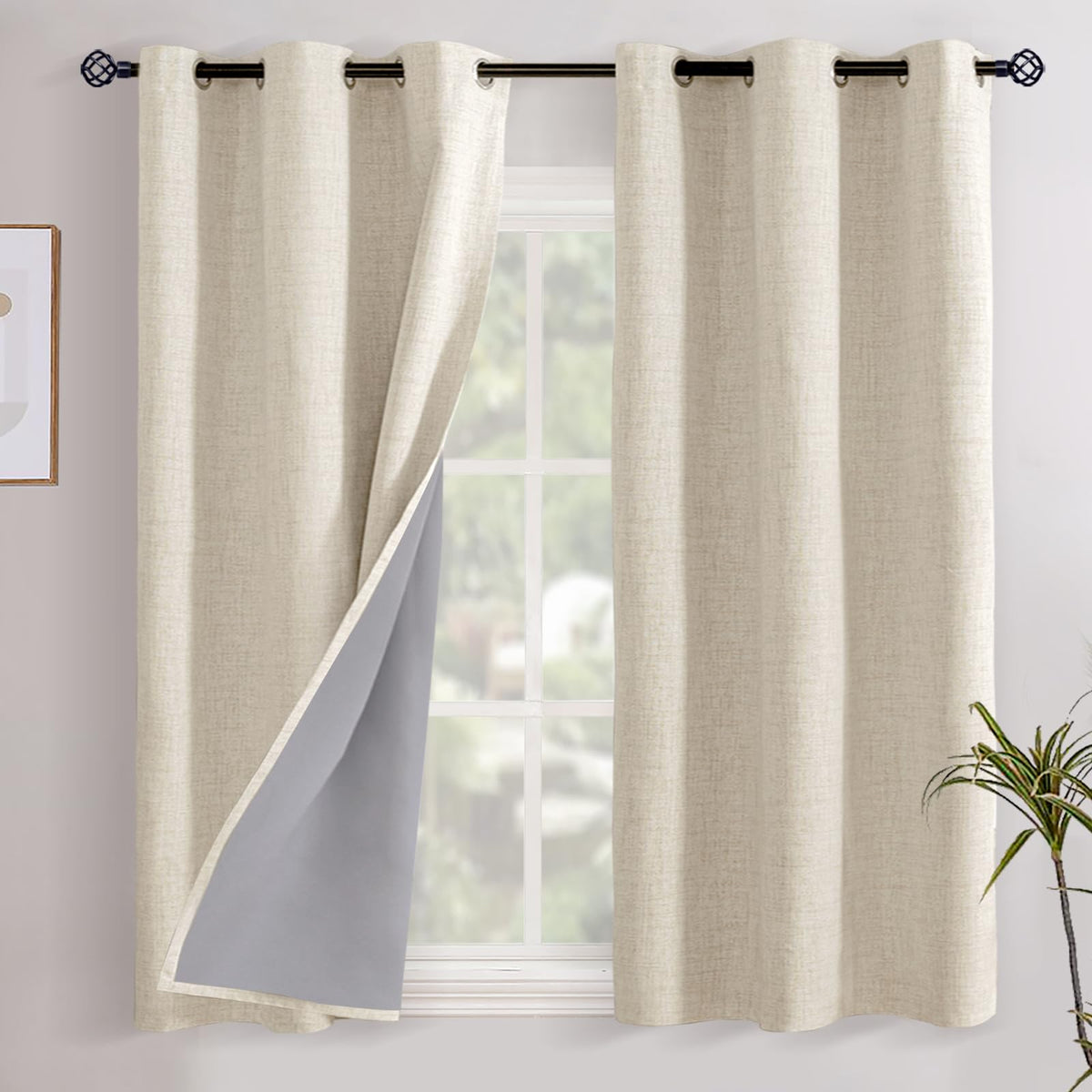 YoungsTex Linen Blackout Curtains 63 Inch Length Bedroom Beige Darkening