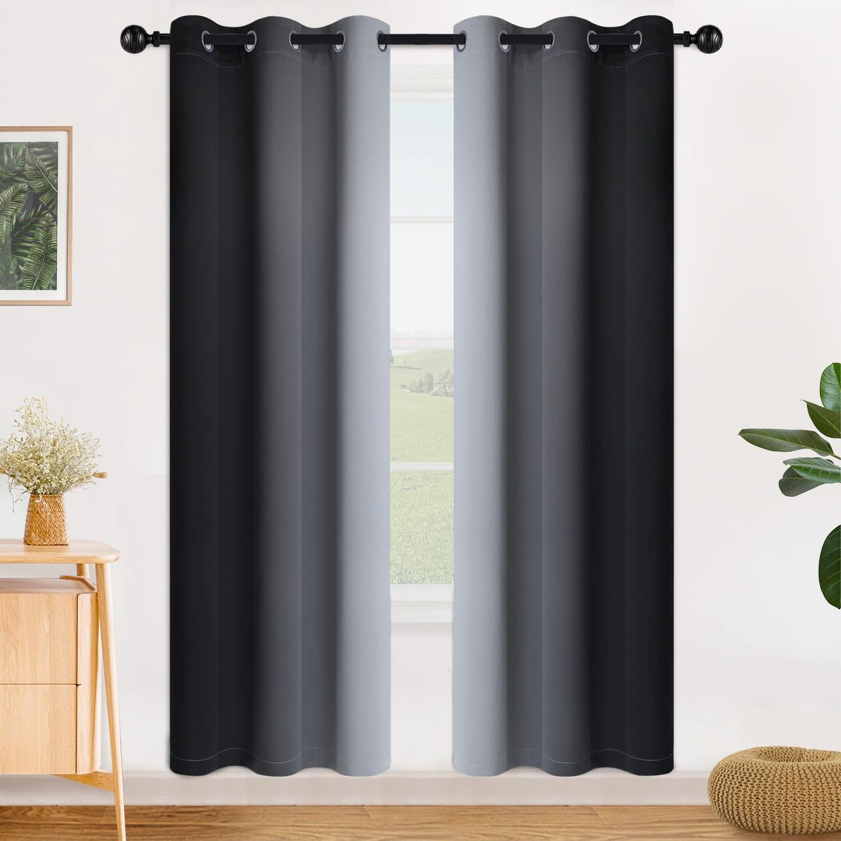 SimpleHome Ombre Black to Grey White Curtains for Living Room 52Wx84L