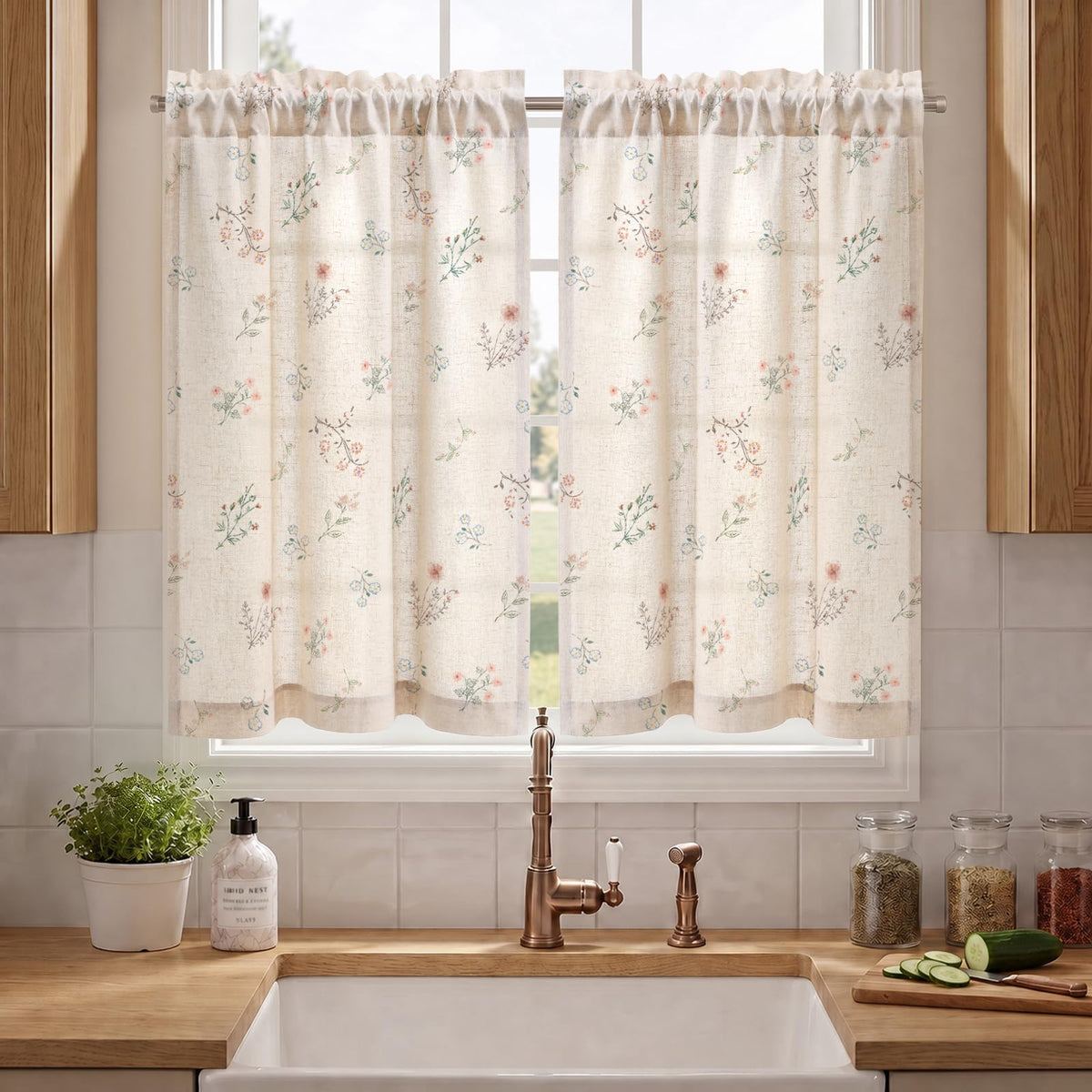 Boho Floral 100% Blackout Curtains 84 Inch 2 Panels Linen Texture