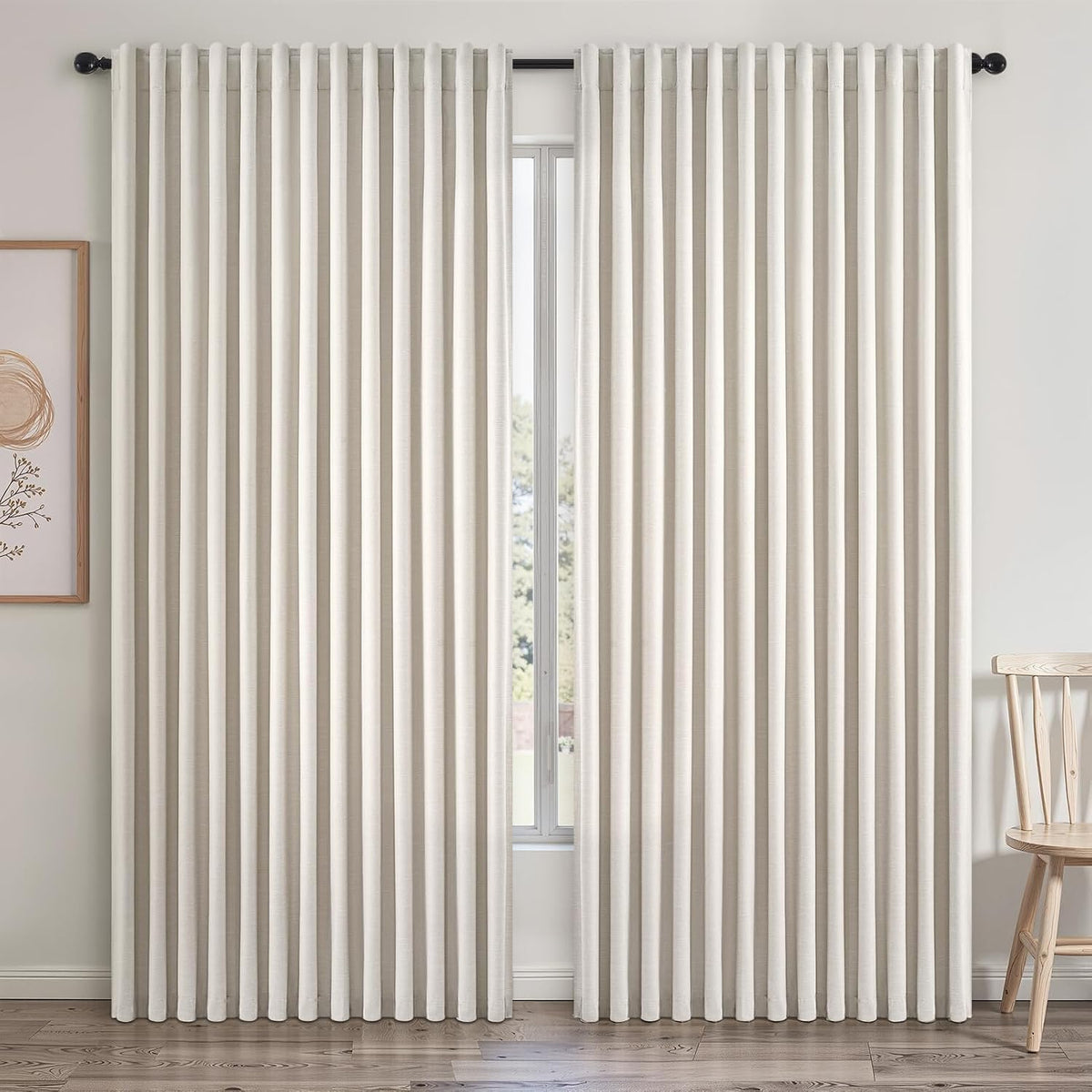 Topfinel Cream Ivory Blackout Curtains & Drapes 84 Inch Length, Beige Pinch Pleat Full Blackout Flax Linen Tab Top Soundproof Curtains with Hooks Rings for Bedroom Living Room Track 2 Panels Set